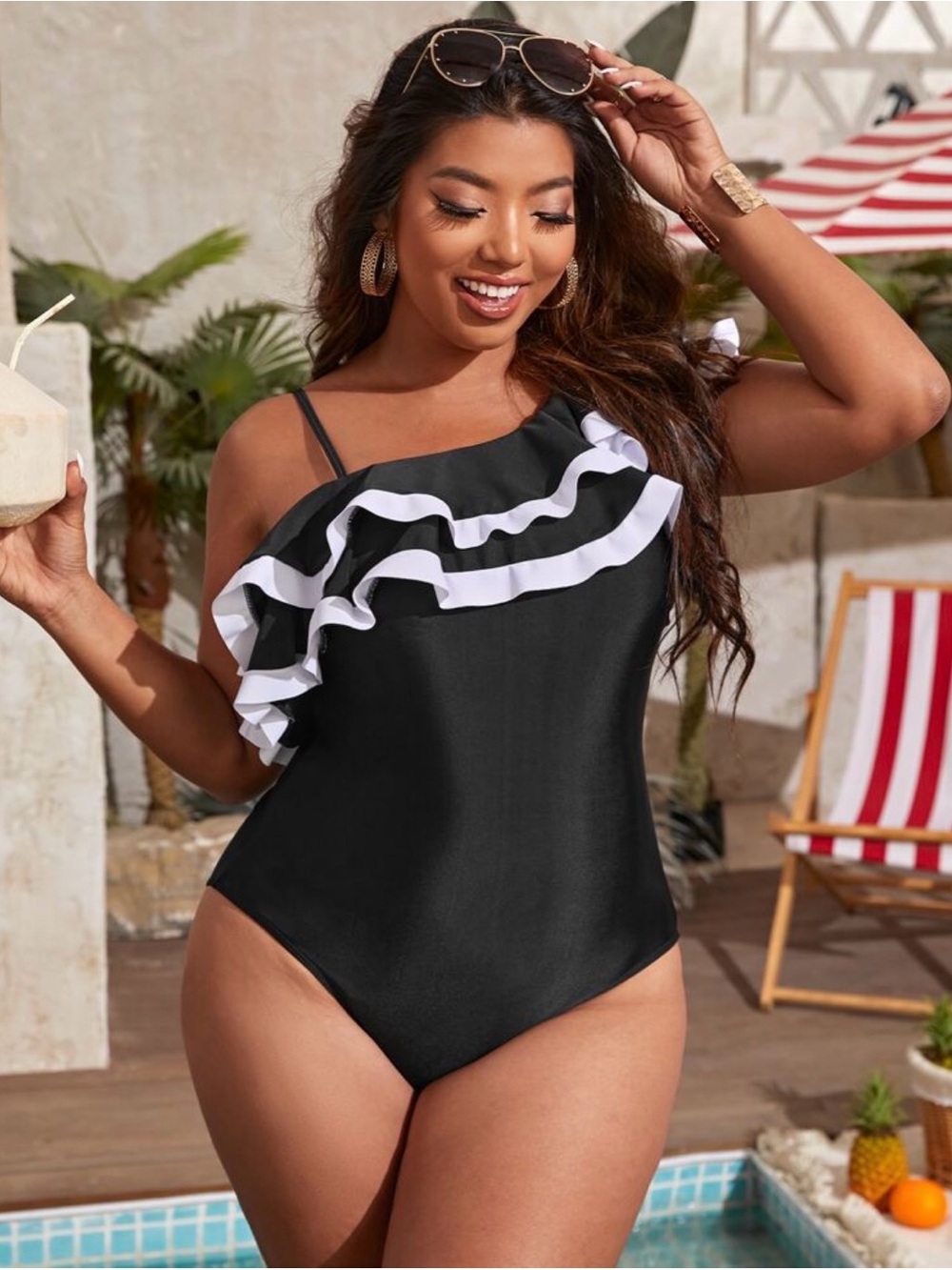 Black One-Shoulder Ruffle Swimsuit with White Trim - 1X (14-16)